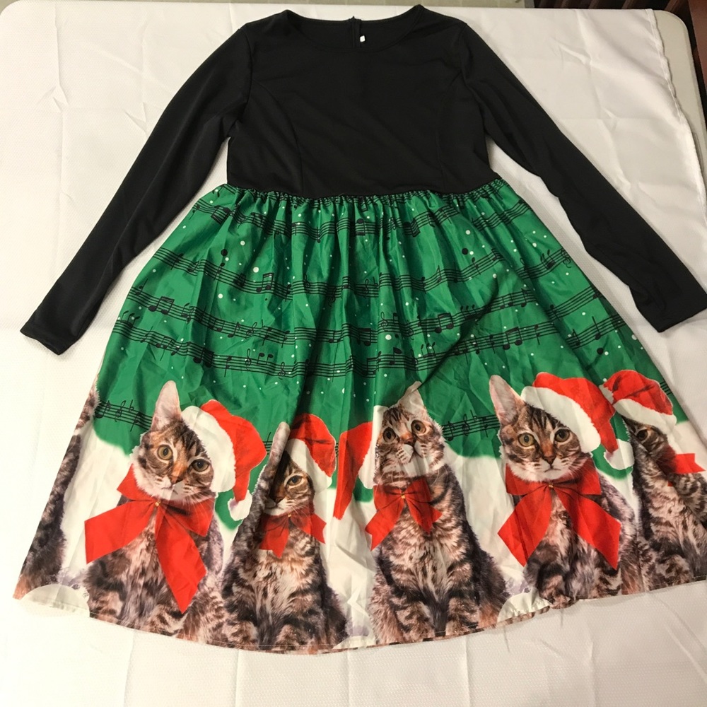 Christmas Musical Notes Cat Print Dress